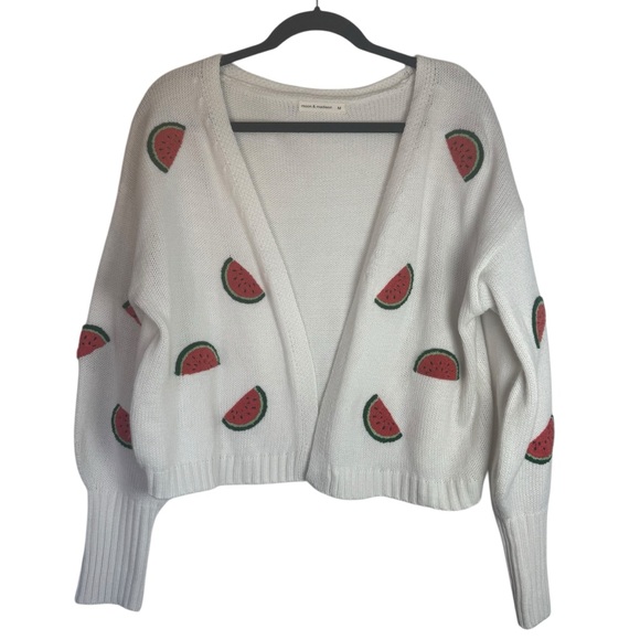 moon & madison Sweaters - moon & madison White Open Front Medium Cardigan with Watermelon Embroidery
